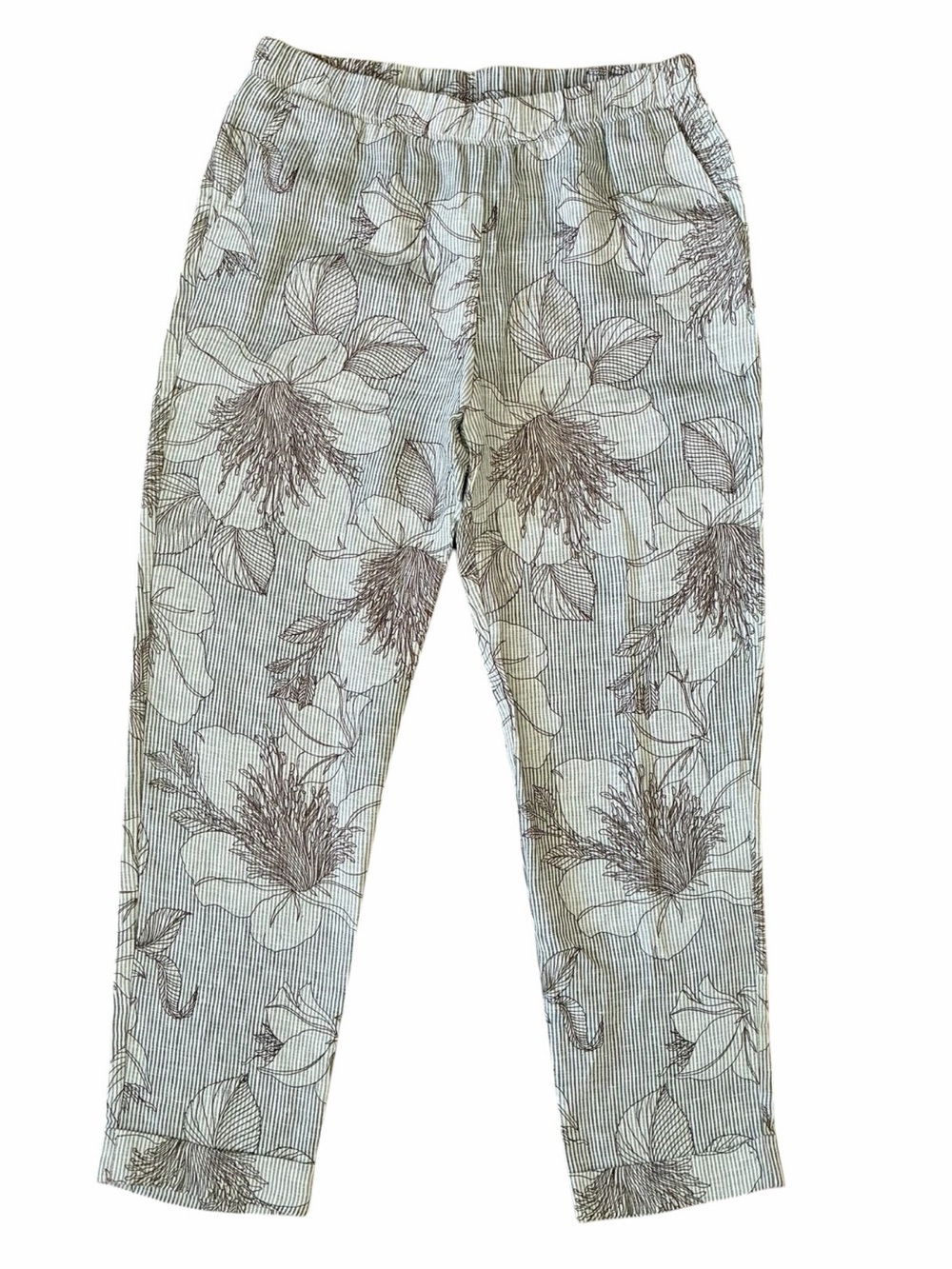 Rosso35 Linen Trousers Striped Floral Print Beige Panna Women's Size Italy 44